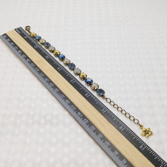 Vintage Blue Gold Crystal Rhinestone Bracelet, Prong Set, 1990s Jewelry - Picture 6 of 10